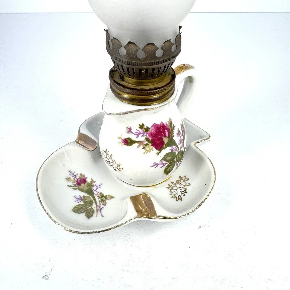 Vintage Miniature Finger Oil Lamp Porcelain‎ Floral Base Milk Glass Chimney
